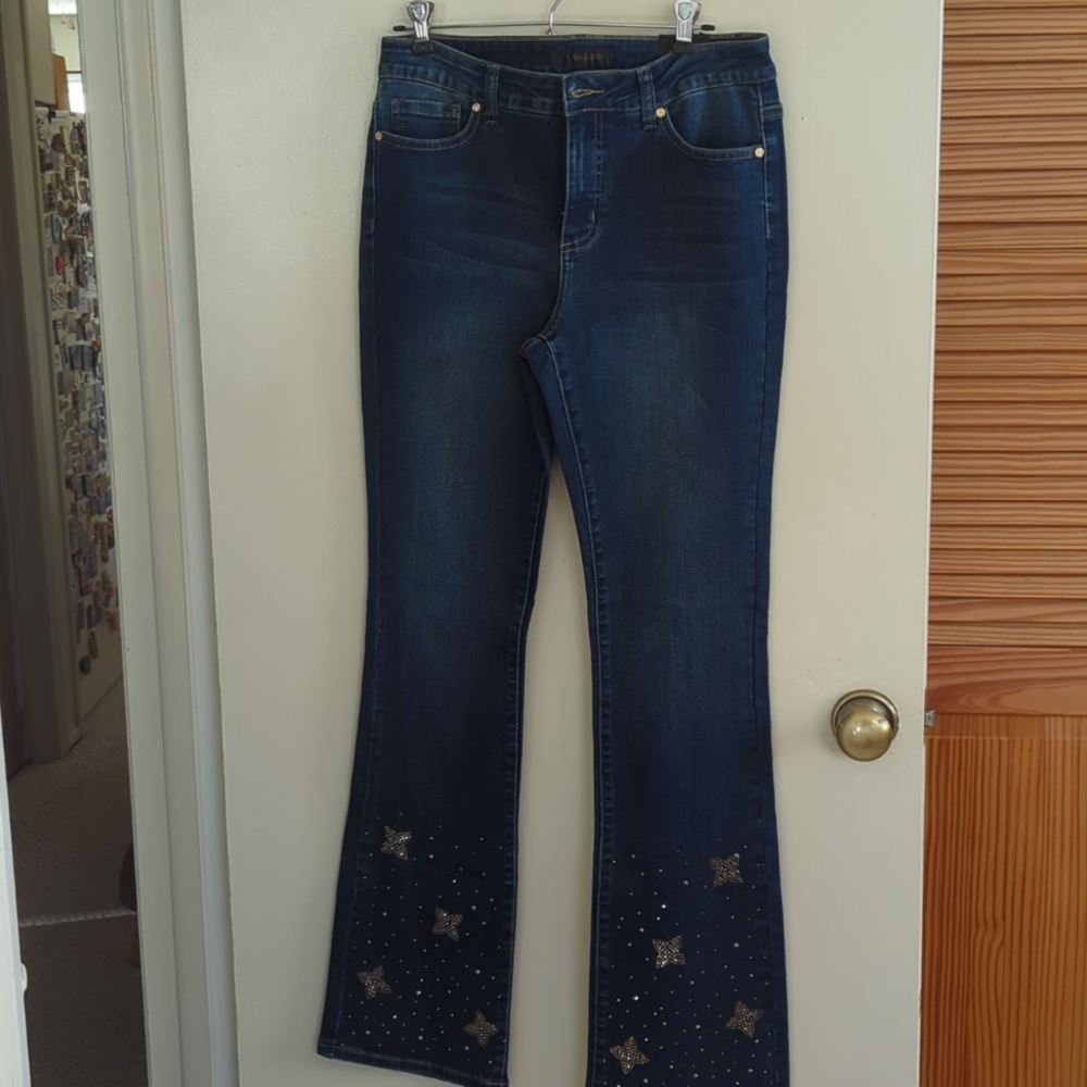 GG jeans boot cut dark blue with rhinestone trim near hem